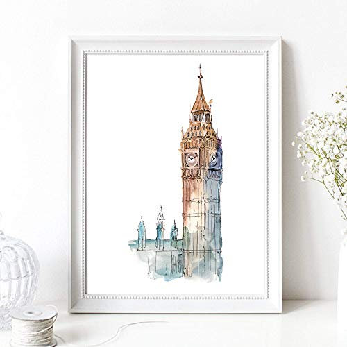 Din A4 Kunstdruck - Big Ben - London Westminster Stadt Sehenswürdigkeit Aquarell Druck Poster Bild - ohne Bilderrahmen