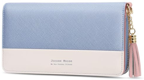 Jocose Moose Damen Geldbörse, große Kapazität Kunstleder Brieftasche, Reißverschluss RFID Geldbörse mit Quaste Anhänger, 12 Kartenfächer und Münzfach