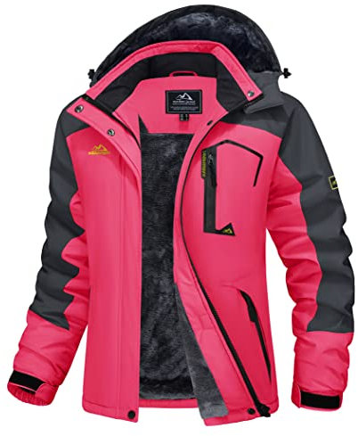 MAGCOMSEN Damen Winter Wanderjacke Wasserdicht Winddicht Softshelljacke mit Abnehmbarer Kapuze Damen Gefüttert Fleecejacke Bergsteigen Ski Jacken Verdickt Funktionsjacke Rosa L