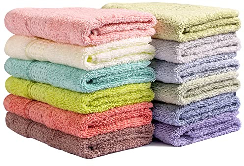Chiicol Washcloths for Body and Face - Absorbent Bath Towels Bulk Set, 100% Cotton Hotel Towels for Bathroom . Durable,Soft Wash Rag (Multicolor, Pack of 12)