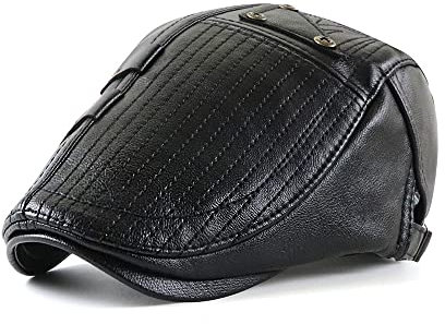 Ueither Herren Verstellbare Schiebermütze PU Leder Flatcap Newsboy Cap Schirmmütze (Schwarz)