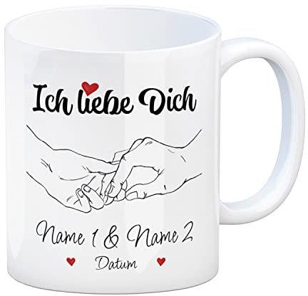 Kaffeebecher Ich Liebe dich - personalisierte Tasse mit euren Namen und Datum - Herzen und zwei Händen als liebevolles Geschenk zum Valentinstag für den Partner oder die Partnerin Liebe zeigen