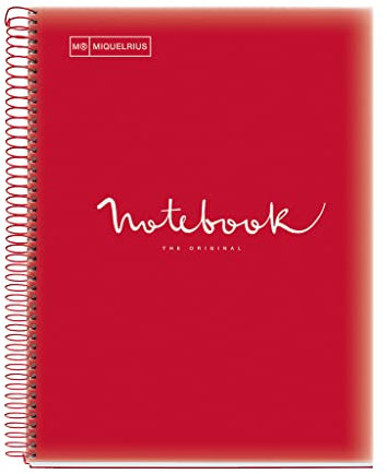 Miquelrius - Notizbuch A4 Notizblock Emotionen, 160 Seiten 90 g/m², Raster 5 x 5 mm, 8 farbige Streifen, Mikroperforierte Spirale, Polypropyleneinband, 4-Loch-Lochung, Raster Notizbuch, Rot