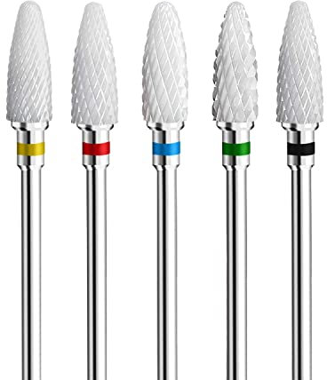 Fantexy Lot de 5 forets à ongles en céramique, tige de 9,5 mm, forets professionnels en céramique en forme de maïs, embouts de lime à ongles en acrylique pour manucure, pédicure, vernis à ongles