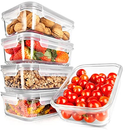 NutriChef Set de 10 Recipientes de Almacenamiento de Alimentos de Vidrio - Recipientes Premium Apilables para Preparación de Comidas, Nuevas Tapas de Cierre Hermético con Agujeros Ventilación (Gris)