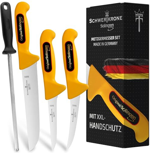 Schwertkrone Metzgermesser Set 4 Tlg. Made in Germany Solingen Profi Fleischermesser, Schlachtermesser, Ausbeinmesser, Zerwirkmesser, Kochmesser
