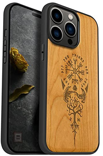 Carveit Magnetic Wood Case for iPhone 14 Pro Max [Hard Real Wood & Soft TPU] Shockproof Hybrid Protective Cover Unique & Classy Wooden Case Compatible with MagSafe (Viking Compass Vegvisir-Cherry)