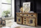 SAM Sideboard Norik III, Mangoholz massiv + gewachst & lackiert, Kommode mit 2 Holzschiebetüren, 7 Schubladen & 4 offenen Fächern, Türelemente, Griffe & Reling aus Eisen, 150 x 90 x 45 cm