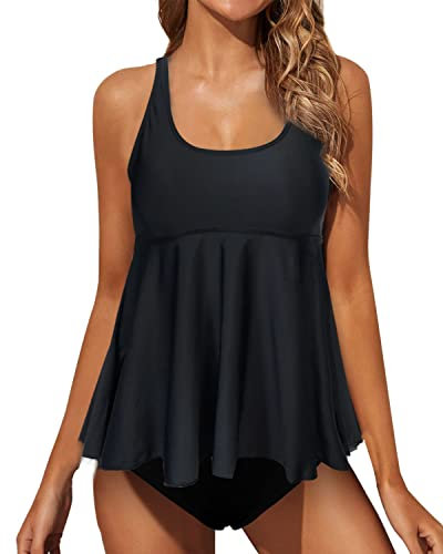 JFAN Maillot de Bain Femme 2 Pieces Tankini à Volants Haut Tankini et Bas Maillots Ventre Plat Noir M