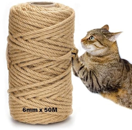 DOBIGER Corda Tiragraffi per Gatti 50m, 6mm Corda Juta Naturale, Corda Sisal per Tiragraffi per Gatti, Corda di Canapa para Decoración del Hogar y el Jardín