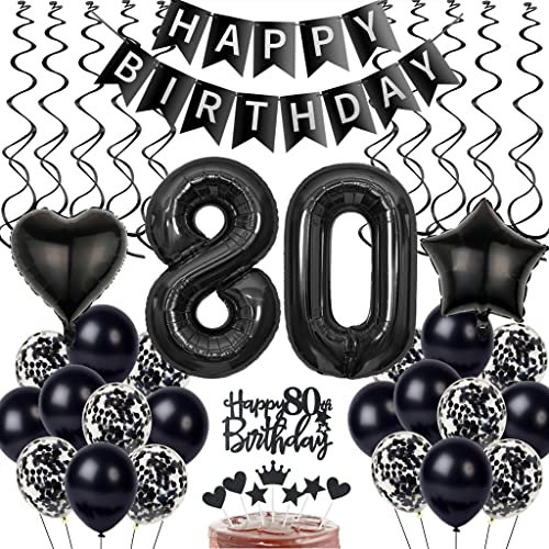 Schwarz 80. Geburtstag Dekoration, Luftballon 80. Geburtstag Deko, Schwarz Tortendeko Geburtstag 80 Jahre Mann, Deko 80. Geburtstag Manner Frau, Schwarz Deko 80. Geburtstag Ballons