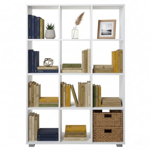 MAKA Libreria Scaffale per Soggiorno 12 Ripiani Scaffalatura Portaoggetti Libri Svuotatasche in Legno con Rivestimento Laminato Verticale Orizzontale Mobiletto Cucina Ufficio Studio (Bianco, Albert)