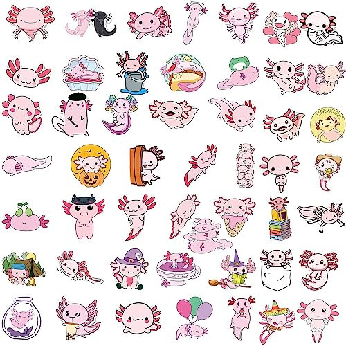 Nupaque Axolotl-Aufkleber - Wasserfester Axolotl-Aufkleber für Wasserflaschen - 50 Stück Axolotl-Aufkleber, Axolotl-Geschenke, Partygeschenke, süße Dekoration für Kühlschränke, Laptop, Skateboard