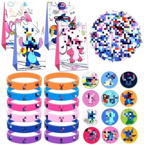 Stitch Party Mitgebsel, 12Pcs Kinder Buttons Anstecker + 12Pcs Stitch Geschenktüten + 12Pcs Silikon Armbänder + 50Pcs Cartoon Aufkleber,Lili und Stitch Party Geschenk,Party Mitgebsel Kindergeburtstag
