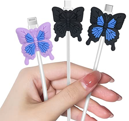 Kawaii Cable Protector for iPhone Type-c Charger,Cute Lovely Cartoon 3D Butterfly Design 3 PCS Set Silicone Phone Cable Protector,Charging Cord Protector,Cable Chomper,Charger Saver