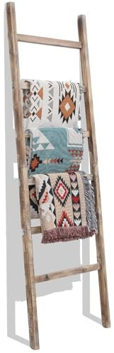 FUIN 6.4ft Extra Wide Wooden Blanket Ladder Living Room Decorative Wal Leaning Farmhouse Quilt Display Holder Rustic Wood Towel Rack for Bathroom, Burnt Brown, 24 inch Wide
