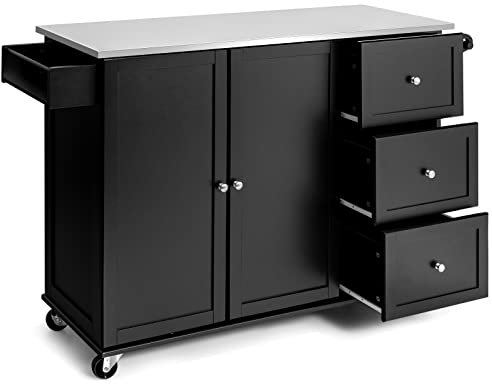 KOMFOTTEU Isla de Cocina con Encimera de Acero Inoxidable, Carrito de Servicio con 3 Cajones, Toallero y Estantes Ajustables, Armario de Cocina con 5 Ruedas, 135 x 45,5 x 91,5 cm (Negro)