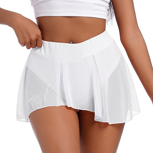 Odizli Festival Outfit Damen Rave Techno Burlesque Pole Dance Hotpants Sexy Booty Shorts Sommer High Waist Hot Pants Kurze Hosenrock Hose Durchsichtiges Transparent Mesh Minirock Weiß-B M