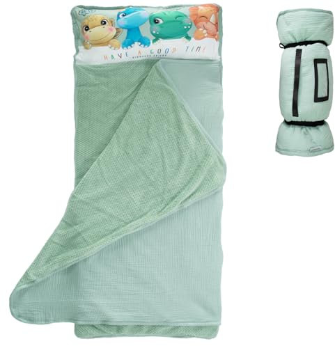 Dormlony Kleinkind-Schlafmatte mit abnehmbarem Kissen und Flanelldecke: gemütlicher und bequemer Kinder-Schlafsack für Kita, Vorschule und Reisen, Dinosaurier