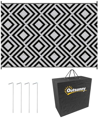 Outsunny Reversible Outdoor Rug with Carry Bag, Waterproof Plastic Straw Mat for Garden, Deck, RV, Picnic, Beach, Camping, 182 x 274cm, Black & White