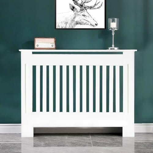 AUTOFU Radiator Cover White, Radiator Shelf Medium 19D x 112W x 82H CM Vertical Slatted Modern Radiator Covers, MDF Wood Heating Covers Cabinet for Living Room, Hallway, Bedroom