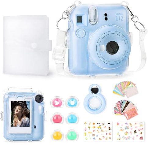 Rieibi Accessoires pour Fujifilm Instax Mini 12, ensemble cadeau comprenant un étui transparent Instax Mini 12 avec sangle, un mini album photo, un miroir à selfie, des autocollants de bricolage, un