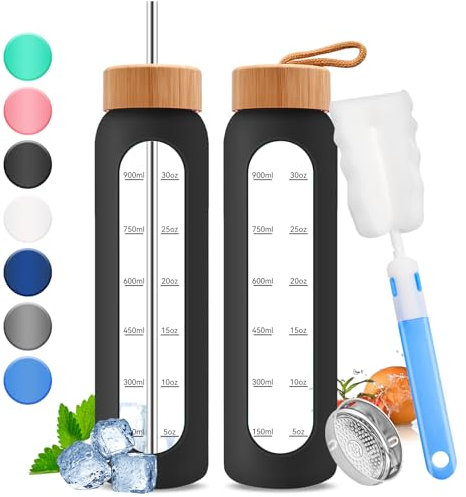 32oz Glass Water Bottle with Time Marker - 1000ml Large Motivational Water Bottle with 2 Bamboo Lids, Sealed & Straw Hole, 1L Bottle for Fitness with Stainless Steel Straw & Silicone Case (Black)