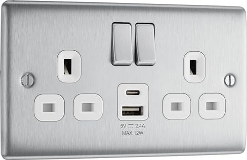 BG Electrical Double Switched Power Wall Plug Socket with Type A and Type C USB Charging Ports, Nexus Metal, Brushed Steel, White Inserts, 13A, 12W, NBS22UAC12W