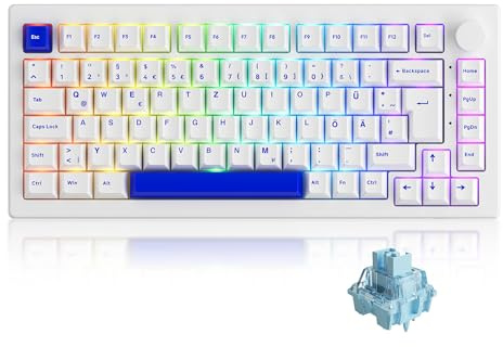 Akko Tastiera meccanica 5075B Plus, tastiera da gioco wireless con layout DE al 75% a 3 modalità con interruttore tattile hot swap, tasti Cherry PBT, manopola rotante per Win/Mac (blu su bianco)