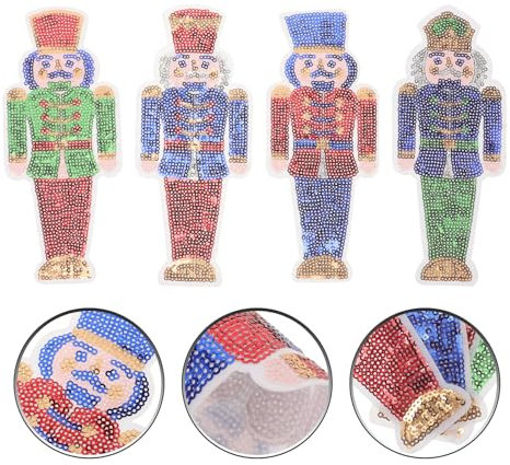 UPKOCH 4pcs Nutcracker Soldier Iron-on Patches, Colorful Embroidered Sequin Appliques for Christmas Decoration, Clothing, Backpack, Hat, DIY Craft