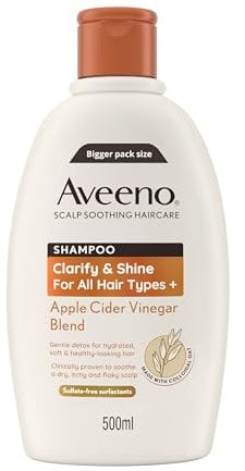 Aveeno Scalp Soothing Haircare Clarify & Shine Shampoo, Apple Cider Vinegar Blend, for All Hair Types, Soothes Dry, Itchy & Flaky Scalp, Clinically Proven, Sulfate Free, 500ml