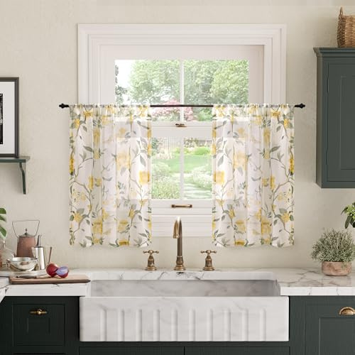 Lajode Kurze Café-Vorhänge, Blumenmuster, halbtransparent, 76,2 x 61 cm, 2 Paneele