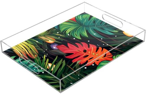 Vassoi da portata in acrilico con foglie di palma, vassoio rettangolare trasparente con manici, per tavolino, cucina, bagno