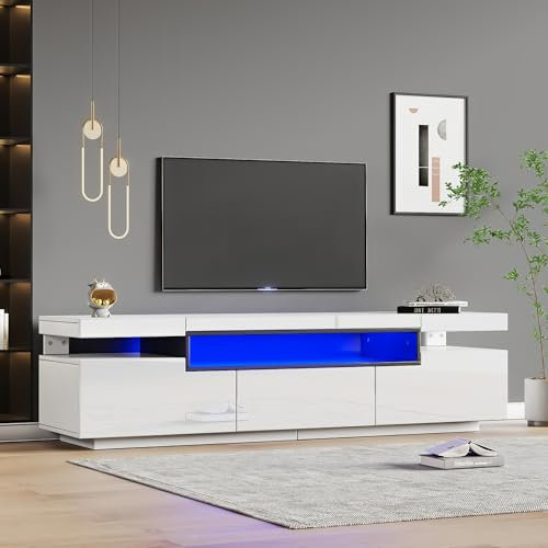 Merax TV Board TV-Schrank mit LED-Beleuchtung, Eleganter Hochglanz Lowboard Fernsehtisch TV-ständer für Fernseher bis zu 70 Zoll, mit 3 Schublade, offenen Ablagen, 160cm, für Wohnzimmer, Weiß&Schwarz