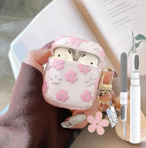 Cute Case for Airpods 2nd/1st Generation Cover for Girl Women with Flower Keychain & Cleaner Kit, Soft Airpods iPod 2nd/1st Gen Protective Cover Skin for Airpods 2/1 Gen Pink