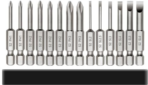 Saipor 14pcs Magnetic Screwdriver Bit Sets Slotted and Phillips Screw Driver Bit Flat Head + Cross Head Bits 1/4 Inch Hex Shank S2 Steel Drill Bits for Impact Driver Power Tool (2 Inch / 50mm Length)
