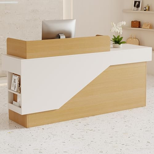 PVYGDXYI Rezeptionstisch, Rezeptionstisch, Empfangstheke mit L-förmigem Schallwand, Einzelhandelstresentisch mit Schublade und Aufbewahrungsschrank (Natur, 120 cm)