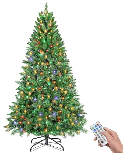 Rollingsurfer Künstlicher Vorgefertigter Weihnachtsbaum 180CM, Premium Weihnachtsbaum aus Kiefer mit 300 Mehrfarbigen LED-Lichtern, 1000 Zweigspitzen,11 Beleuchtungsmodi für Zuhause, Partydekoration