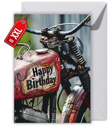 WBdesignz Geburtstagskarte Motorrad mit Umschlag – Vintage Bike Motiv mit „Happy Birthday“ auf Tank – coole Grußkarte für Männer & Motorradfans – Motorrad retro - Motorradfreunde (XXL DIN A4)