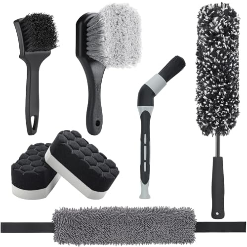 Fantasticlean 7 Piezas Kit de Limpieza para Coche | Cepillo de Microfibra de Ruedas, Cinta de Limpieza, Cepillo para Llantas y Neumáticos, Cepillo para Detalles, Esponjas Pulido