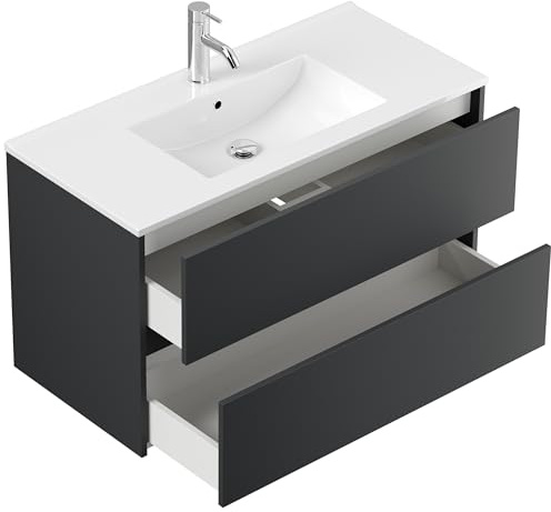 Generisch Waschplatz Waschtisch Badmöbel Grifflos Limes 100 cm Grafit 2 Schubladen