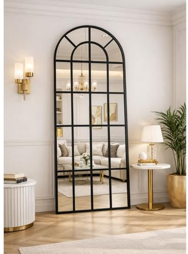 PengGengA Fensterscheibe Ganzkörperspiegel Bogenförmiger Wandspiegel mit Metallrahmen im Landhausstil für Eingang Wohnzimmer Schlafzimmer - Schwarz, 165x60cm | 65 L x 24 W