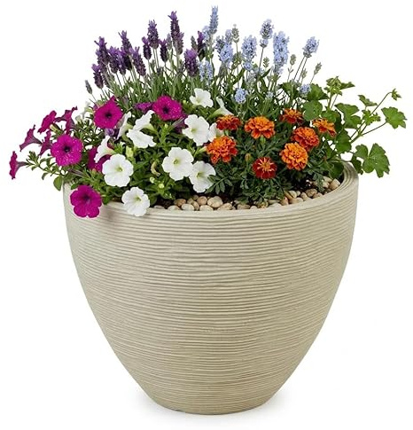 URBNLIVING Large Round Stone Effect Plant Pot – Modern Outdoor & Indoor Planter, Durable Wide-Opening Garden Décor (Ribbed)