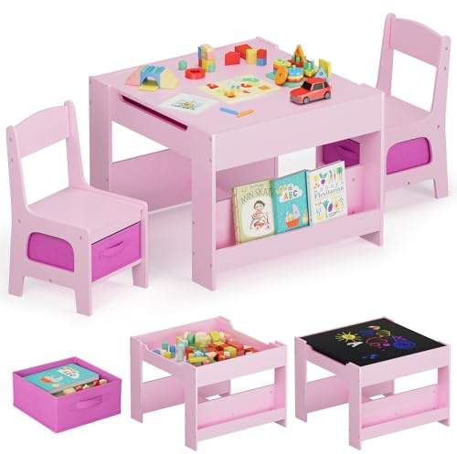MAMIZO Tavolo per bambini con 2 sedie, Set tavolo e sedie, Mobili in legno | Scrivania con spazio contenitore, librerie e Scatola in Tessuto, Tavolo da gioco, da attività e da disegno, 3+ Anni, Rosa