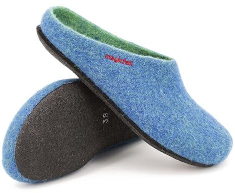 Magicfelt Filzpantoffeln 709 aus Mulesing-freier Merino-Schurwolle – Handgefertigte & anatomisch geformte Hausschuhe für Damen & Herren Größe EU 36-50 – Filzclogs mit Filz-Latex-Sohle Lagoon, 36