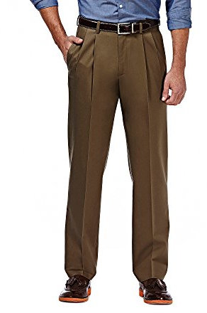 Haggar Men's Premium No Iron Classic Fit Expandable Waist Pleat Front Pant, Toast, 38x30