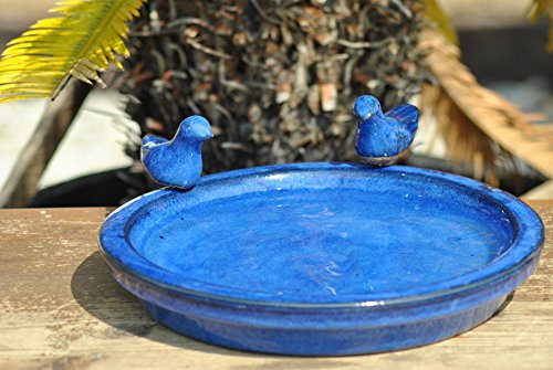 Kunert-Keramik Vogeltränke mit Zwei kleinen Vögelchen,rund,blau glasiert,30cm