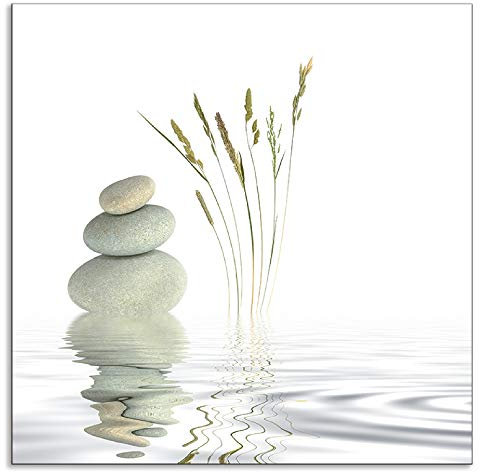 ARTland Spritzschutz Küchenrückwand aus Alu für Küche Herd Spüle 60x60 cm (BxH) mit Motiv Natur Zen Wellness Stein Gräser Yoga See Asien Weiß T5VB