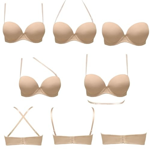 Plusexy Women's Push Up Strapless Bra Thick Padded Underwire Convertible Multiway Bras Nude 36C