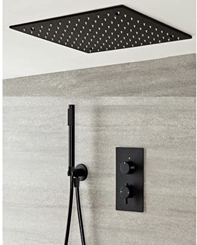 Milano Nero Black Concealed Thermostatic Mixer Valve Square Recessed Shower Head Handset